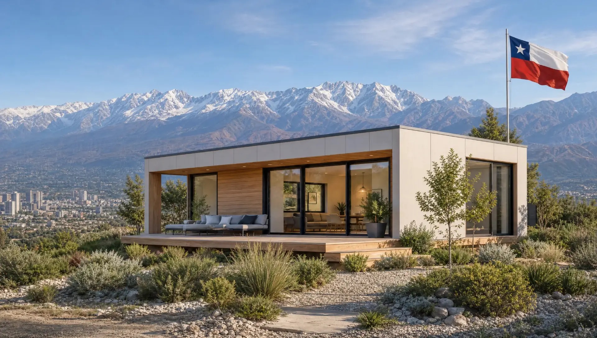 Vivienda prefabricada moderna de una planta con fachada de madera frente a la cordillera de los Andes