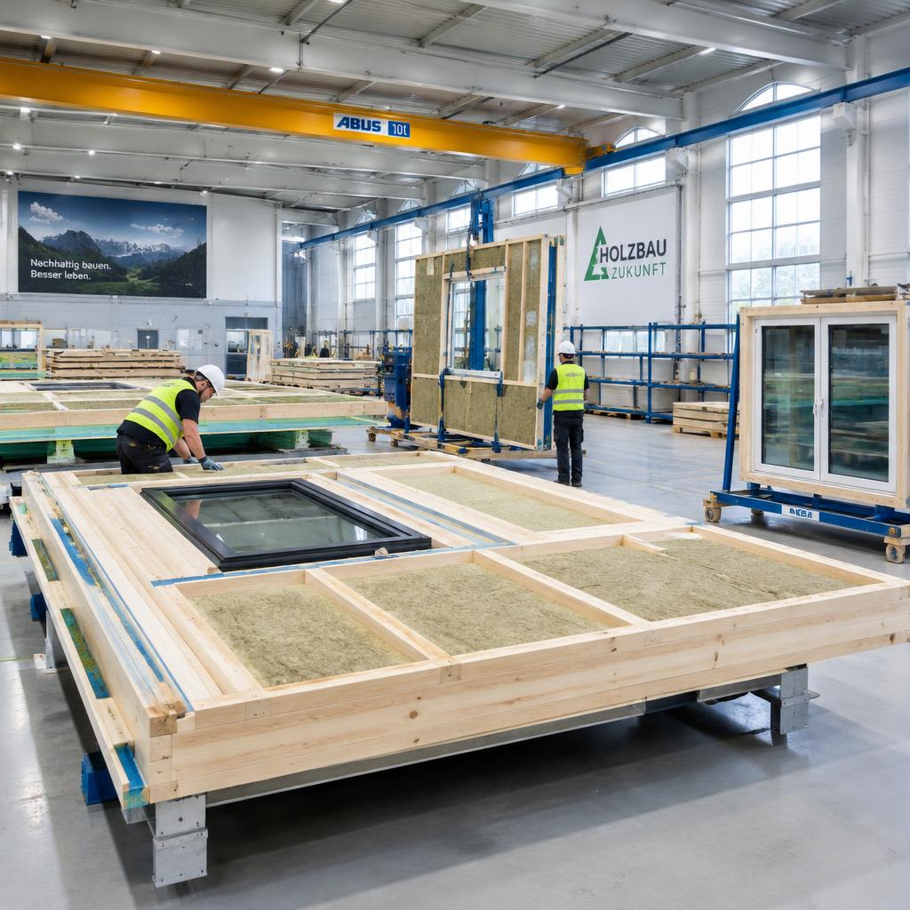 Producción de paneles de madera prefabricados en una fábrica europea